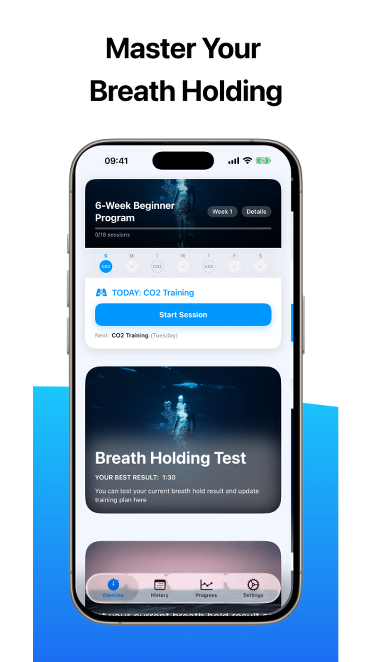 Apnea freediving training app home screen with guided breath hold session