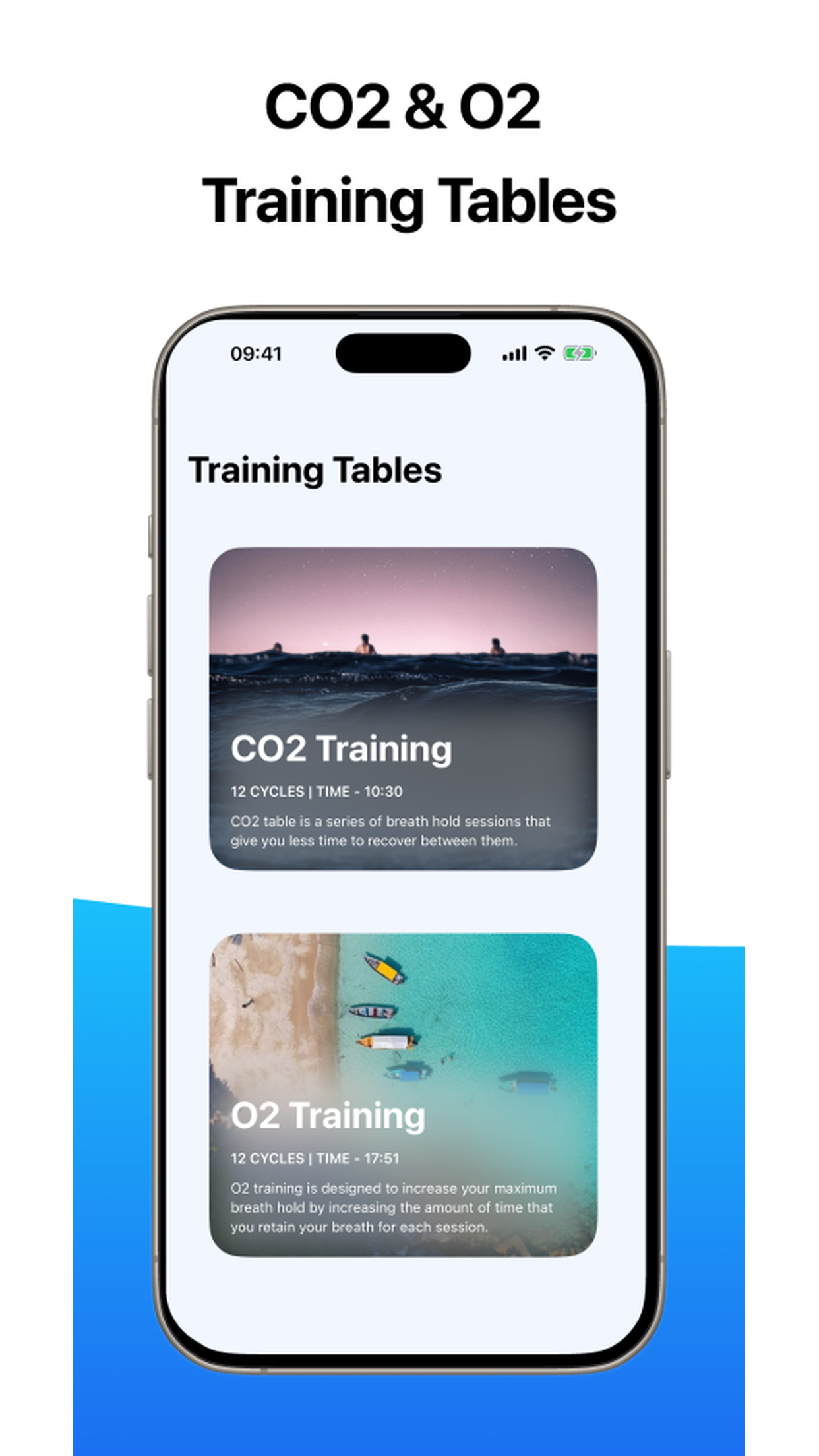 CO2 and O2 training tables in the Apnea freediving app