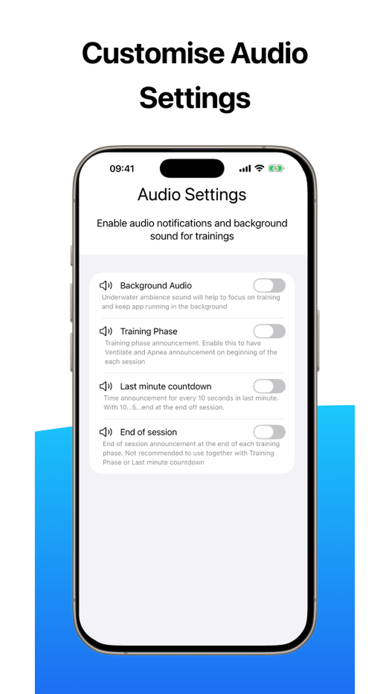 Audio coaching settings for guided apnea sessions